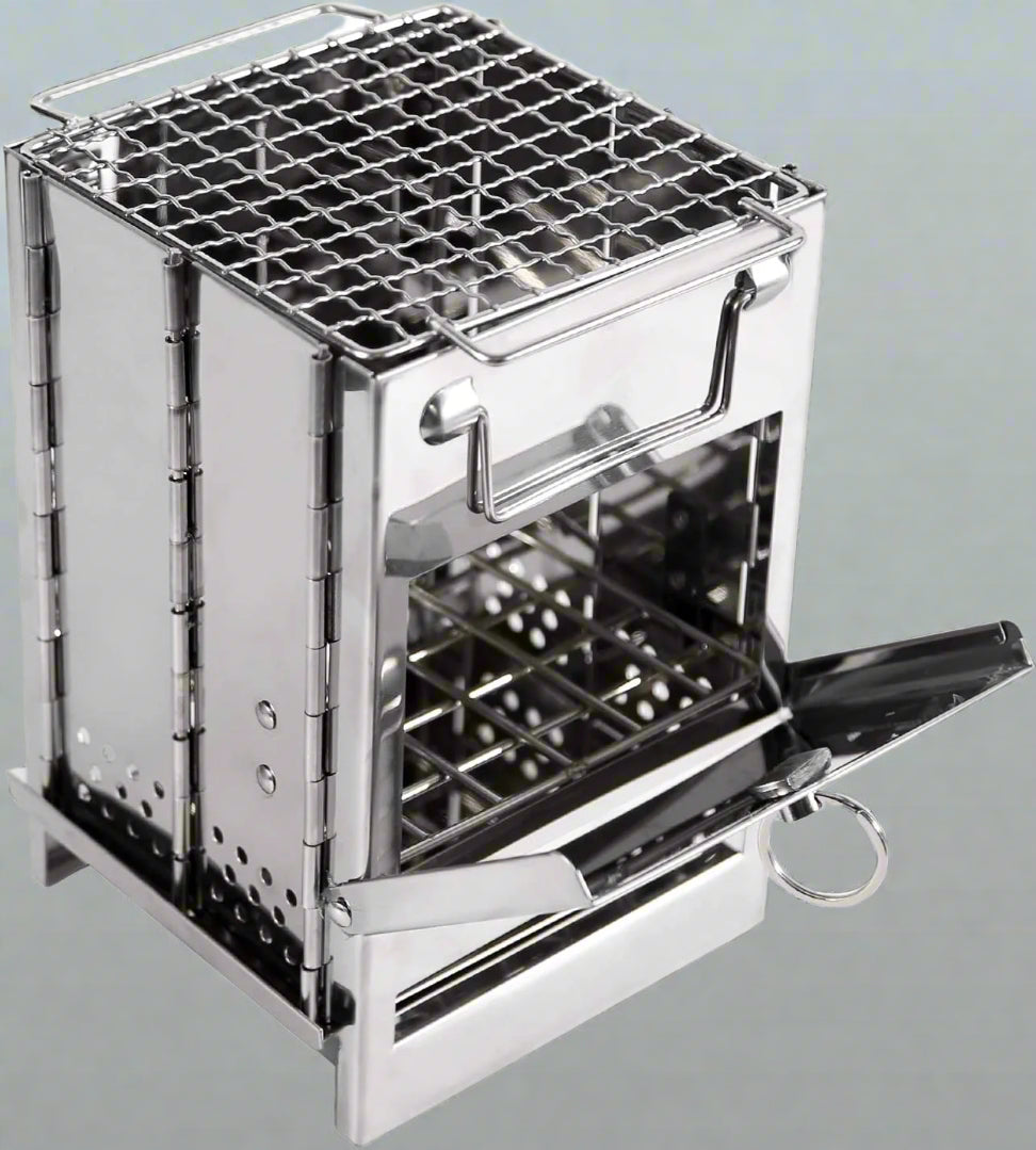 Assembled portable stainless steel wood burning camp stove for outdoor cooking