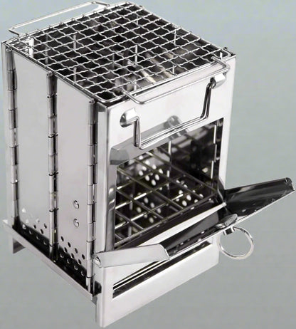 Assembled portable stainless steel wood burning camp stove for outdoor cooking