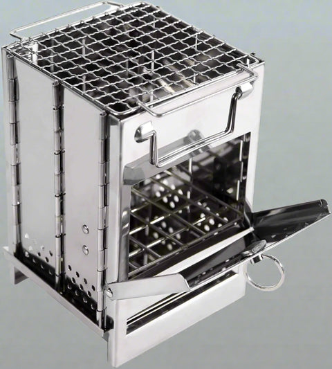 Assembled portable stainless steel wood burning camp stove for outdoor cooking