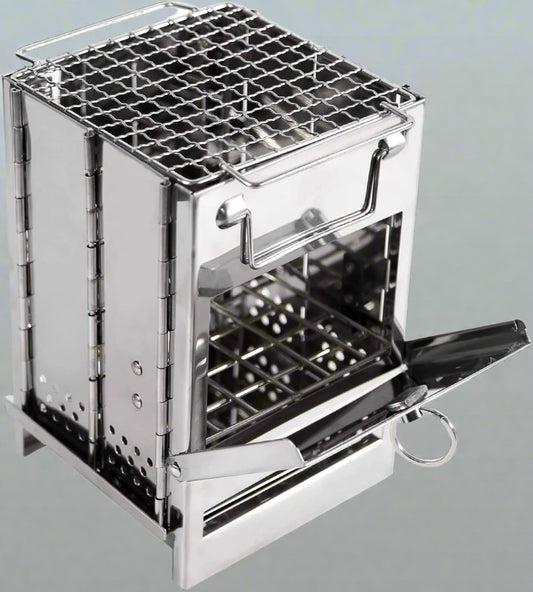 Assembled portable stainless steel wood burning camp stove for outdoor cooking