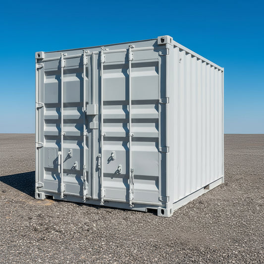 Front view of 8FT gray mini storage container
Side angle of compact steel shipping container
Portable storage containers in different sizes
Bi-parting swing doors and back entry detail
Onsite use of mini steel storage box