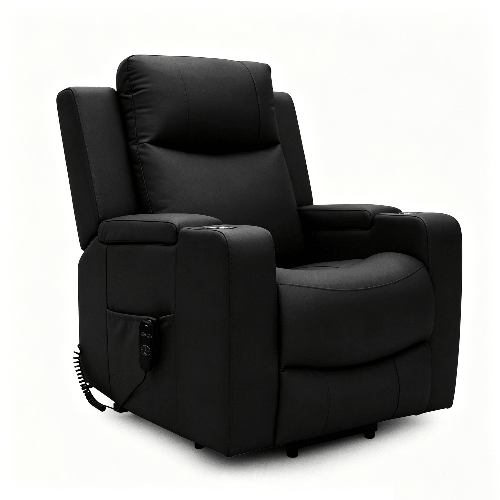 Power Lift Recliner Massage Chair with Single Motor, Air Massage, Arm Storage, Cup Holders & Tech Leather Finish - with Beige | Sold by Uncle Wiener's Wholesale