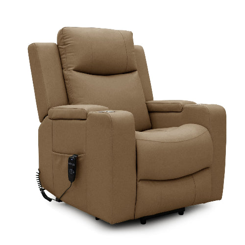 Power Lift Recliner Massage Chair with Single Motor, Air Massage, Arm Storage, Cup Holders & Tech Leather Finish - with Beige | Sold by Uncle Wiener's Wholesale