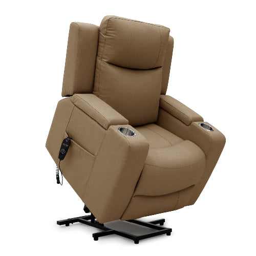 Power Lift Recliner Massage Chair with Single Motor, Air Massage, Arm Storage, Cup Holders & Tech Leather Finish - with Beige | Sold by Uncle Wiener's Wholesale