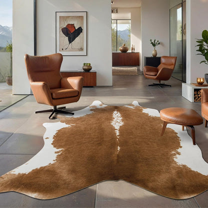 Premium Faux Cowhide Rug 4.7 × 5.2 ft, Non - Slip Washable Western Home Decor CR520 - with Brown & White | Sold by Uncle Wiener's Wholesale