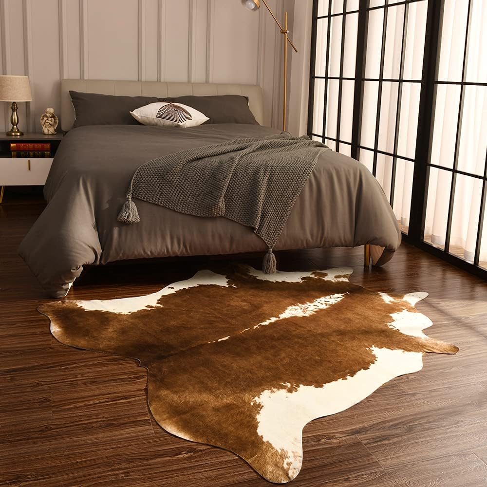 Premium Faux Cowhide Rug 4.7 × 5.2 ft, Non - Slip Washable Western Home Decor CR520 - with Brown & White | Sold by Uncle Wiener's Wholesale