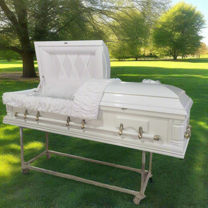 Premium Solid Wood Casket Coffin – High Gloss Finish with Velvet Interior - with White | Sold by Uncle Wiener's Wholesale