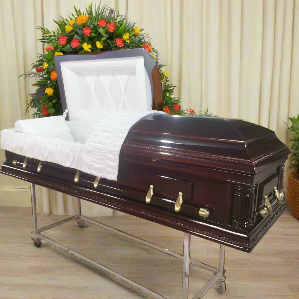 Premium Solid Wood Casket Coffin – High Gloss Finish with Velvet Interior - with Dark Cherry | Sold by Uncle Wiener's Wholesale