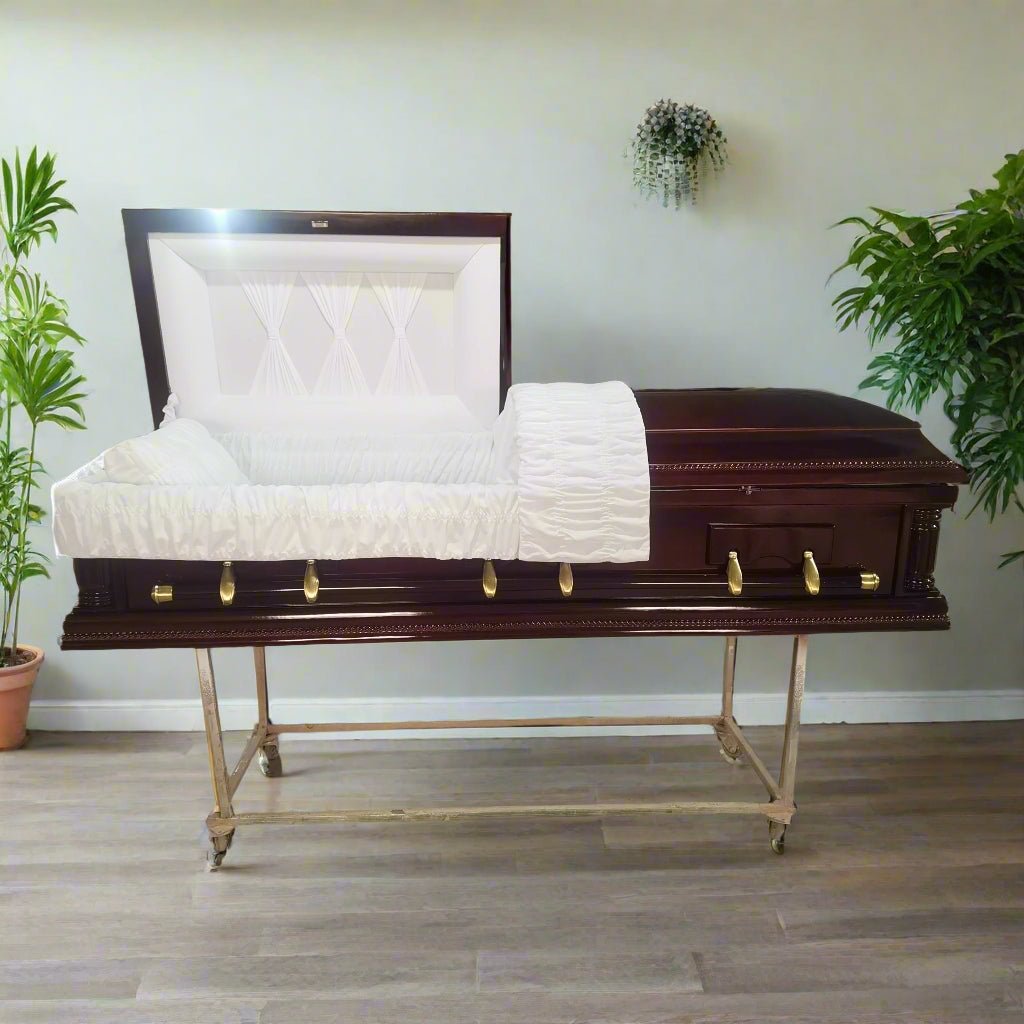 Premium Solid Wood Casket Coffin – High Gloss Finish with Velvet Interior - with Dark Cherry | Sold by Uncle Wiener's Wholesale