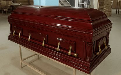 Premium Solid Wood Casket Coffin – High Gloss Finish with Velvet Interior - with Dark Cherry | Sold by Uncle Wiener's Wholesale