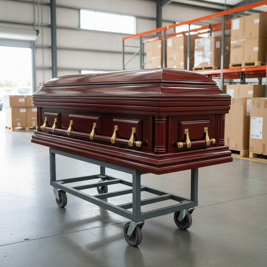 Premium Solid Wood Casket Coffin – High Gloss Finish with Velvet Interior - with Dark Cherry | Sold by Uncle Wiener's Wholesale