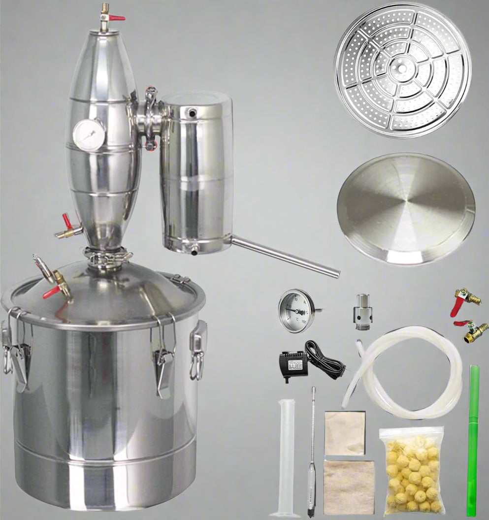 “8 Gallon Stainless Steel Alcohol Distiller Front View”

“3-Pot Thumper Distilling System for Alcohol or Oils”

“Premium Steel Water & Alcohol Distiller Kit”

“Home Use Stainless Steel Distiller 5.3 Gallon Size”