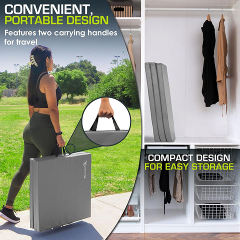 ProSource Tri - Fold Folding Thick Exercise Mat 15cm x 5 cm (6’x2’) with Carrying Handles for MMA, Gymnastics, Stretching, Core Workouts, (3 color option) - with Grey | Sold by Uncle Wiener's Wholesale