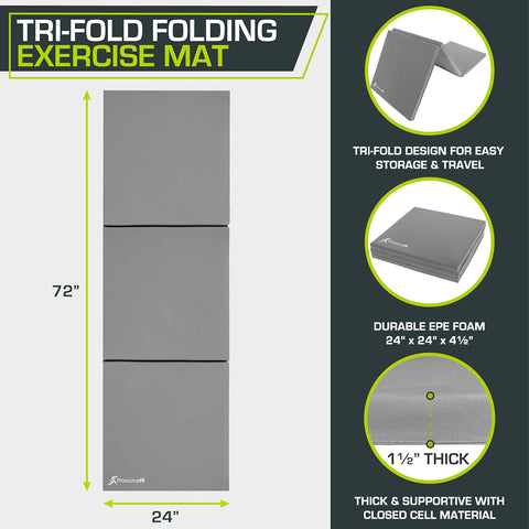 ProSource Tri - Fold Folding Thick Exercise Mat 15cm x 5 cm (6’x2’) with Carrying Handles for MMA, Gymnastics, Stretching, Core Workouts, (3 color option) - with Grey | Sold by Uncle Wiener's Wholesale