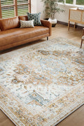 PureCozy 6x9 brick red washable area rug with vintage distressed design in a bedroom and living room setup