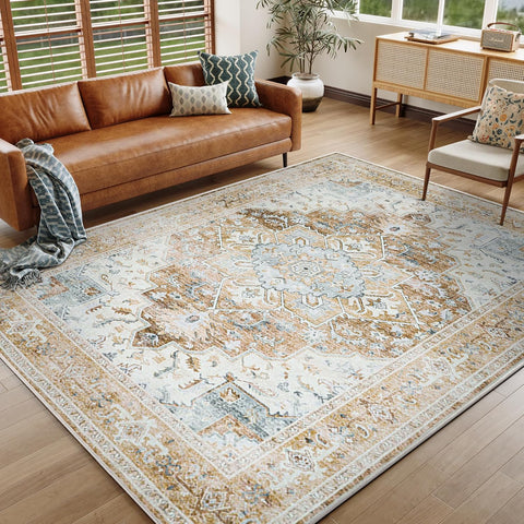 PureCozy 6x9 brick red washable area rug with vintage distressed design in a bedroom and living room setup