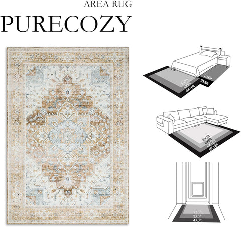 PureCozy 6x9 brick red washable area rug with vintage distressed design in a bedroom and living room setup