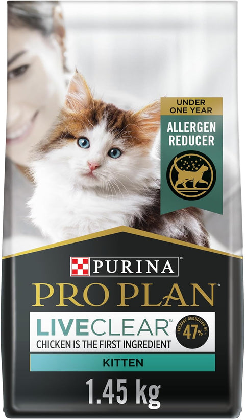 Purina Pro Plan LiveClear Allergen Reducing Dry Kitten Food – Chicken & Rice, 1.45 kg - with | Sold by Uncle Wiener's Wholesale
