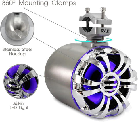 5.25 Inch Pyle Waterproof Marine Wakeboard Tower Speakers with LED lights, IP44 weatherproof housing