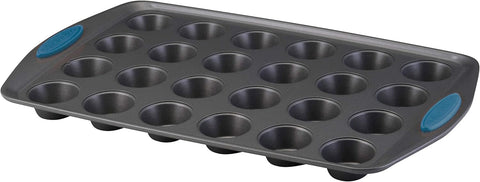 Rachael Ray Yum - o! Nonstick Mini Muffin & Cupcake Tin - 24 Cup, Gray with Marine Blue Grips - with | Sold by Uncle Wiener's Wholesale