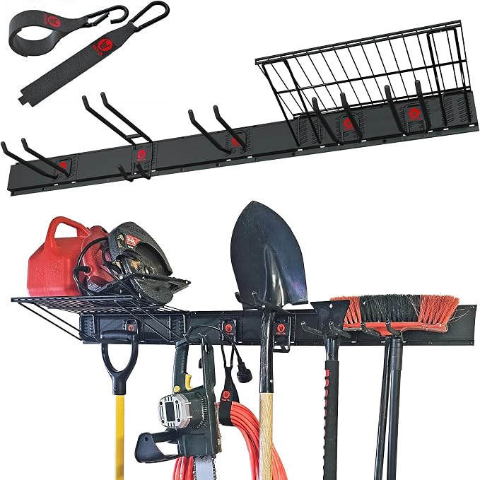 RACK-ON Revelation 48-Inch Wall Mount Tool Organizer – Heavy Duty Garage Storage Rack with Steel Shelf, 5 Adjustable Hooks & 500 lb Capacity - Home products with | Sold by Uncle Wiener's Wholesale