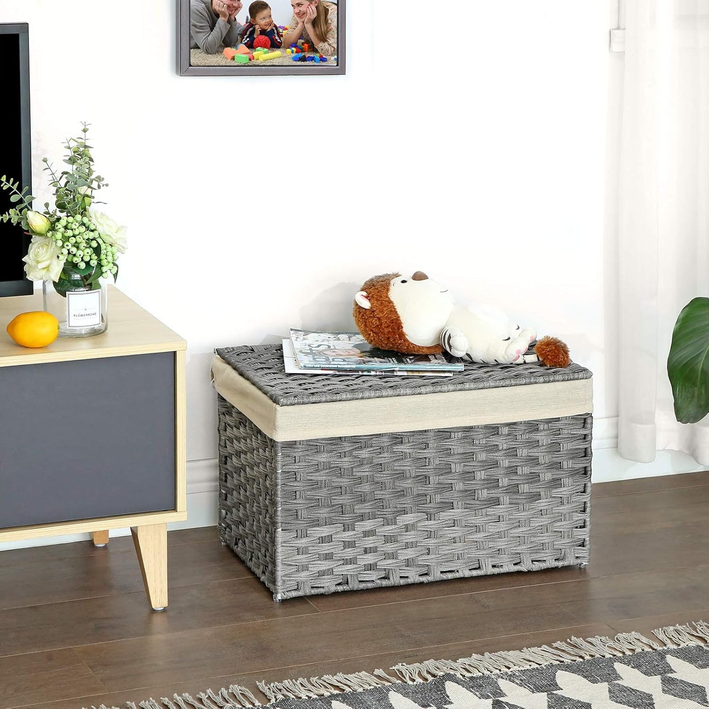 Rattan Style Storage Basket with Lid, 65L Laundry Hamper, Decorative Storage Trunk with Removable Liner and Handles Gray RST56WG - with | Sold by Uncle Wiener's Wholesale