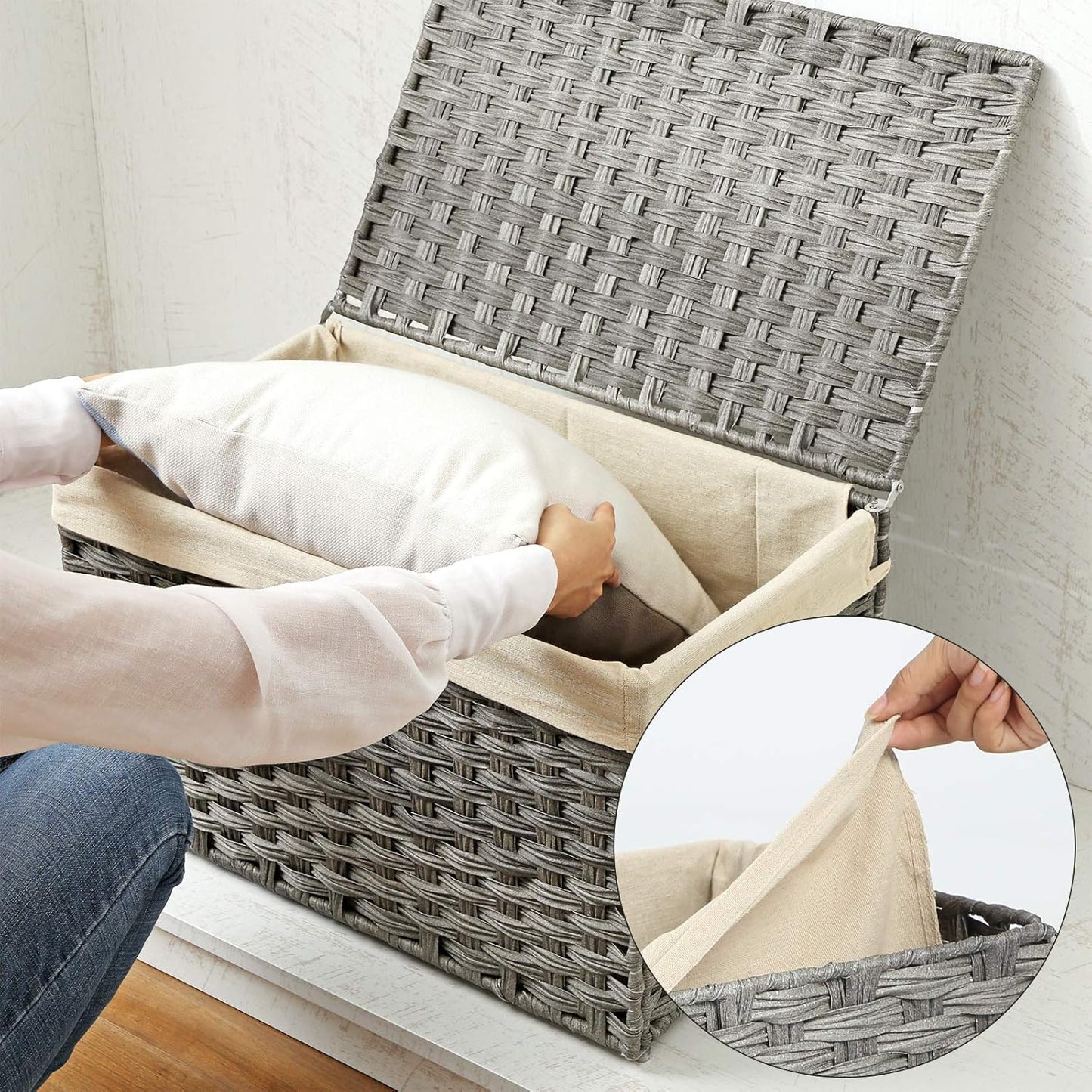 Rattan Style Storage Basket with Lid, 65L Laundry Hamper, Decorative Storage Trunk with Removable Liner and Handles Gray RST56WG - with | Sold by Uncle Wiener's Wholesale