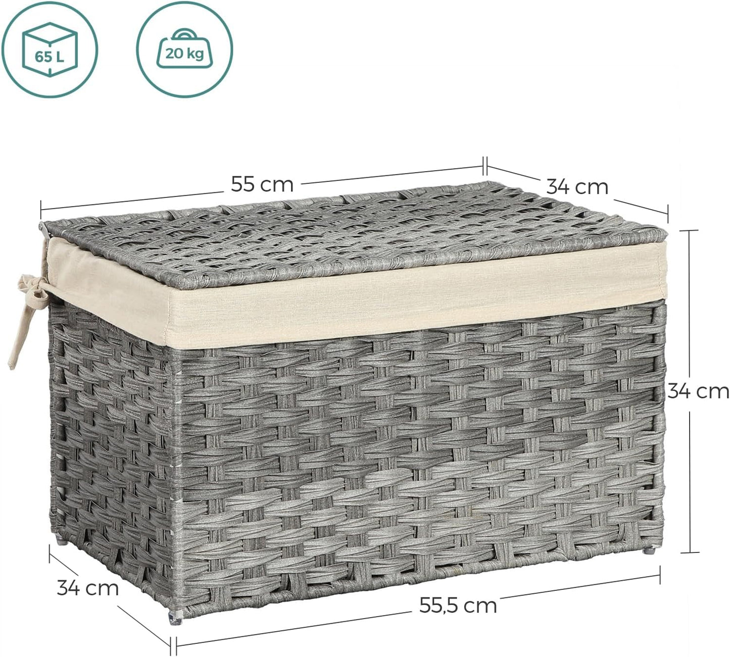 Rattan Style Storage Basket with Lid, 65L Laundry Hamper, Decorative Storage Trunk with Removable Liner and Handles Gray RST56WG - with | Sold by Uncle Wiener's Wholesale