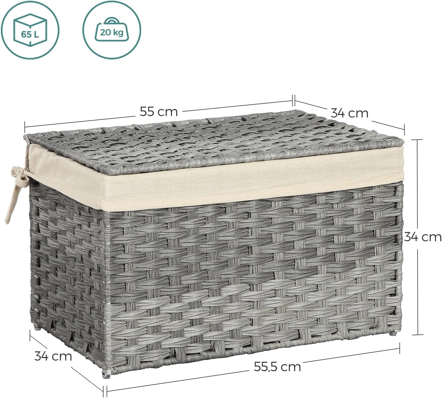 Rattan Style Storage Basket with Lid, 65L Laundry Hamper, Decorative Storage Trunk with Removable Liner and Handles Gray RST56WG - with | Sold by Uncle Wiener's Wholesale