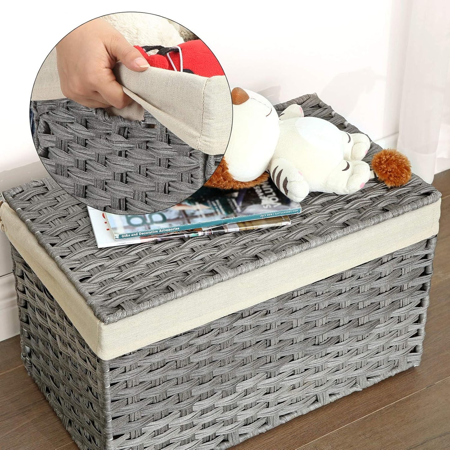 Rattan Style Storage Basket with Lid, 65L Laundry Hamper, Decorative Storage Trunk with Removable Liner and Handles Gray RST56WG - with | Sold by Uncle Wiener's Wholesale
