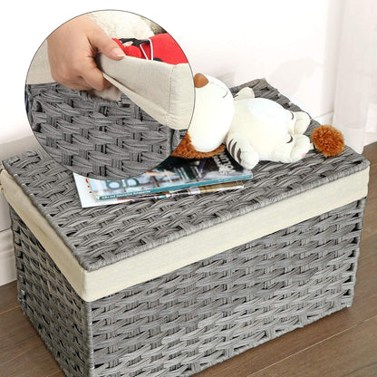 Rattan Style Storage Basket with Lid, 65L Laundry Hamper, Decorative Storage Trunk with Removable Liner and Handles Gray RST56WG - with | Sold by Uncle Wiener's Wholesale