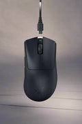 Top view of Razer DeathAdder V3 Pro wireless gaming mouse in black

Side profile showing ergonomic shape and lightweight design
