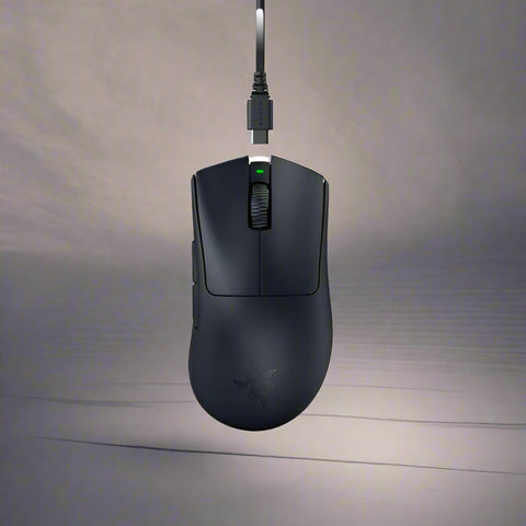 Top view of Razer DeathAdder V3 Pro wireless gaming mouse in black

Side profile showing ergonomic shape and lightweight design