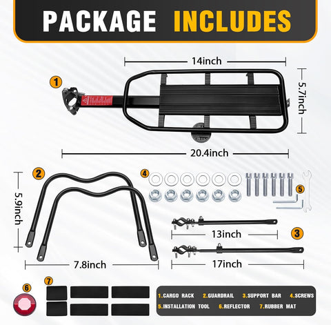 Rear Bike Rack Bike Cargo Rack 110 - 135Lb Capacity Bike Rear Rack Universal Adjustable Bike Back Rack, Cycling Equipment Stand Footstock with Reflective Logo - with Black | Sold by Uncle Wiener's Wholesale