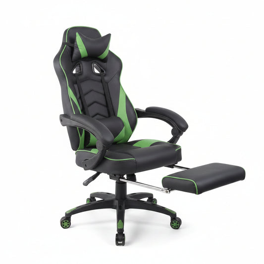 Reclining Racing - Style Gaming Chair with Footrest | Ergonomic Adjustable Seat - with Green / Black | Sold by Uncle Wiener's Wholesale