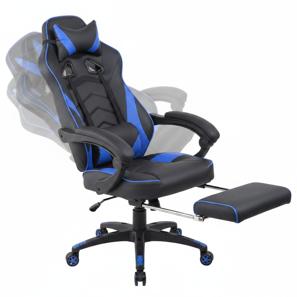 Reclining Racing - Style Gaming Chair with Footrest | Ergonomic Adjustable Seat - with Blue / Black | Sold by Uncle Wiener's Wholesale