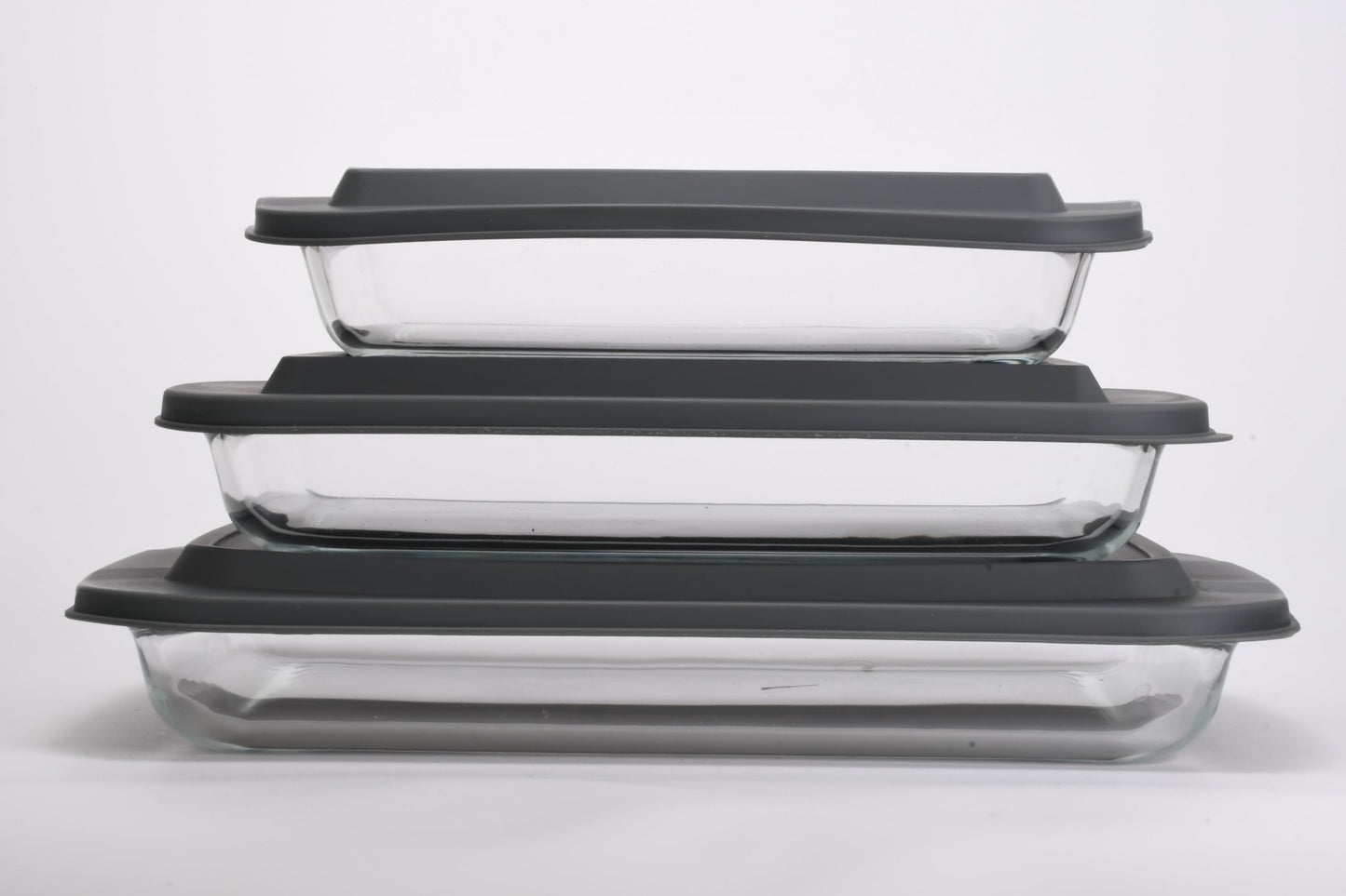Rectangular Glass Plate Set with Grey Lids 3pc 1.6L / 2.2L / 3L 370002 - with | Sold by Uncle Wiener's Wholesale