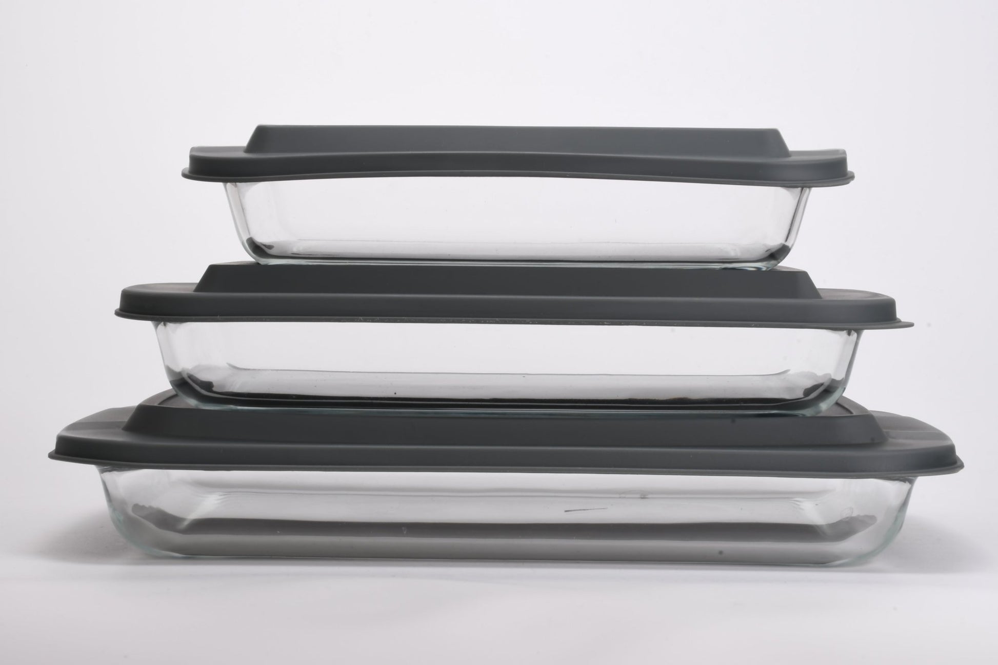 Rectangular Glass Plate Set with Grey Lids 3pc 1.6L / 2.2L / 3L 370002 - with | Sold by Uncle Wiener's Wholesale