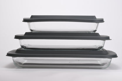 Rectangular Glass Plate Set with Grey Lids 3pc 1.6L / 2.2L / 3L 370002 - with | Sold by Uncle Wiener's Wholesale