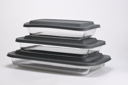 Rectangular Glass Plate Set with Grey Lids 3pc 1.6L / 2.2L / 3L 370002 - with | Sold by Uncle Wiener's Wholesale
