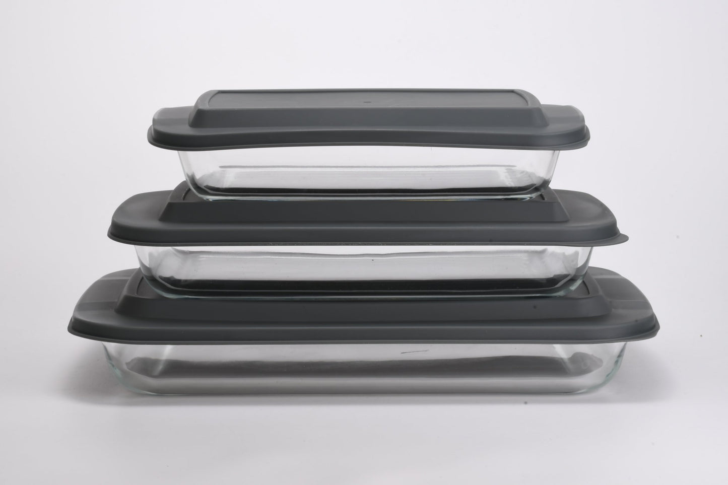 Rectangular Glass Plate Set with Grey Lids 3pc 1.6L / 2.2L / 3L 370002 - with | Sold by Uncle Wiener's Wholesale