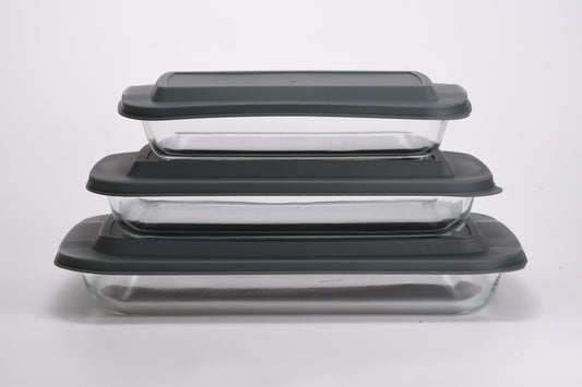 Rectangular Glass Plate Set with Grey Lids 3pc 1.6L / 2.2L / 3L 370002 - with | Sold by Uncle Wiener's Wholesale