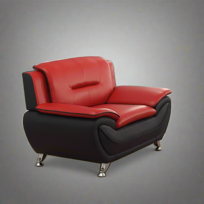 3PCS Modern Faux Leather Sofa Set – Red & Black Sofa, Loveseat, and Armchair with Chrome Legs for Contemporary Living Room