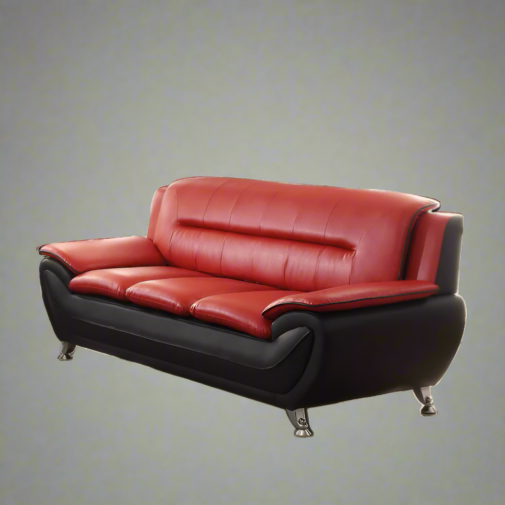 3PCS Modern Faux Leather Sofa Set – Red & Black Sofa, Loveseat, and Armchair with Chrome Legs for Contemporary Living Room