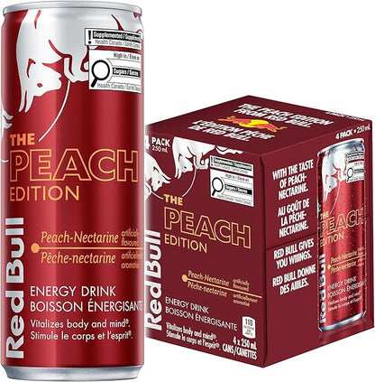 Red Bull Energy Drink – assorted size and flavours (Cans) - Beverage with Peach - Nectarine Edition | 4 × 250 mL | Sold by Uncle Wiener's Wholesale