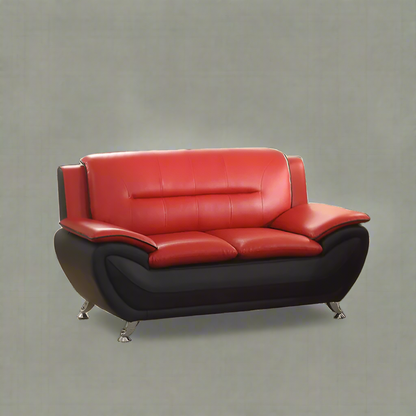 3PCS Modern Faux Leather Sofa Set – Red & Black Sofa, Loveseat, and Armchair with Chrome Legs for Contemporary Living Room