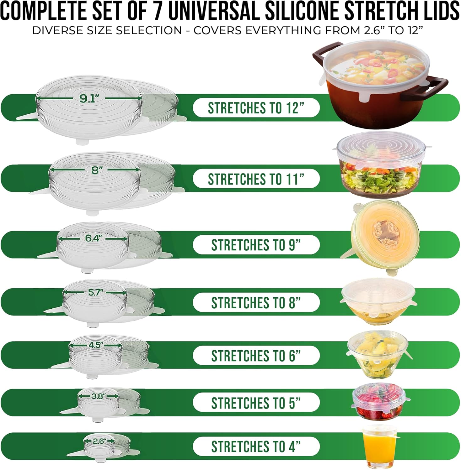 Reusable Silicone Stretch Lids 6 - Pack Food Storage Covers 2″ Height SSL0655 - with | Sold by Uncle Wiener's Wholesale