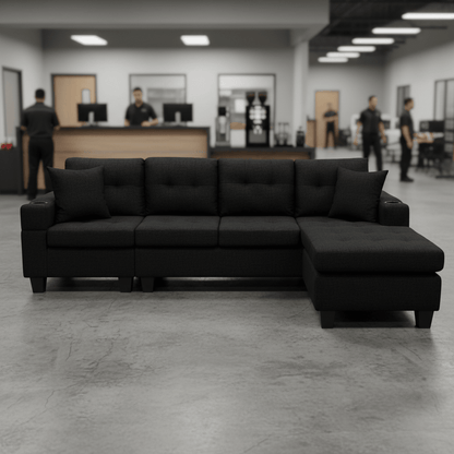 Reversible 4 - Seater L - Shape Sectional Sofa with Chaise & Ottoman | Modern Upholstered Living Room Set - Furniture with Black | Sold by Uncle Wiener's Wholesale