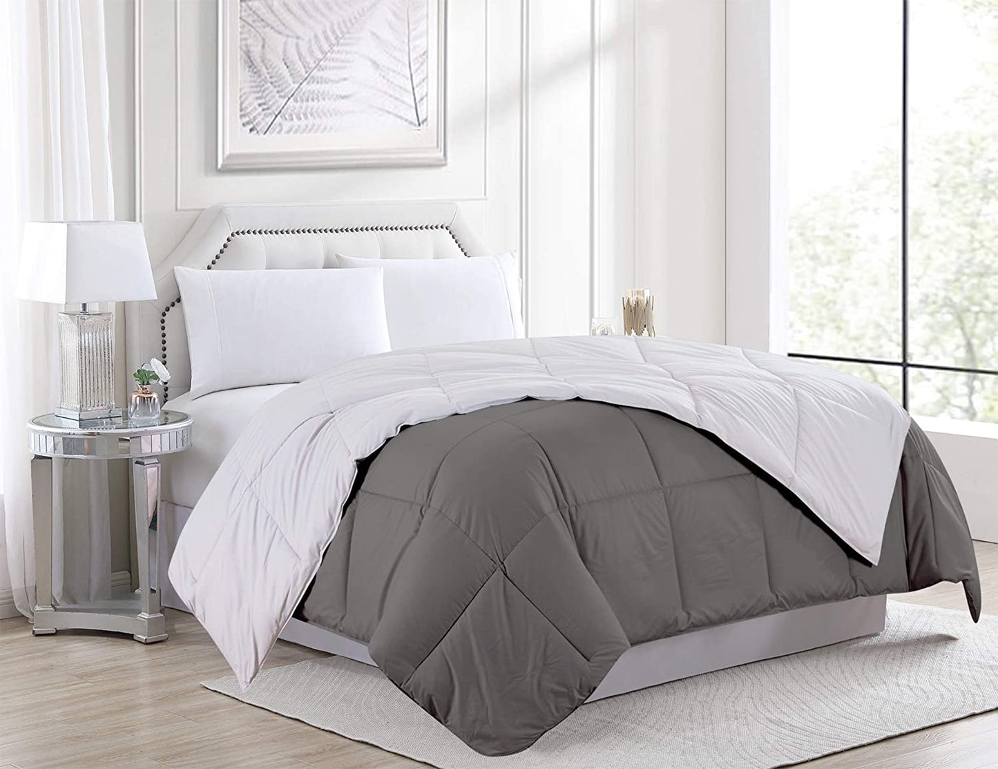 Reversible Down Alternative Comforter – Hypoallergenic Microfiber Blanket, Dark Gray/Light Gray (Queen & King) - with KING | Sold by Uncle Wiener's Wholesale