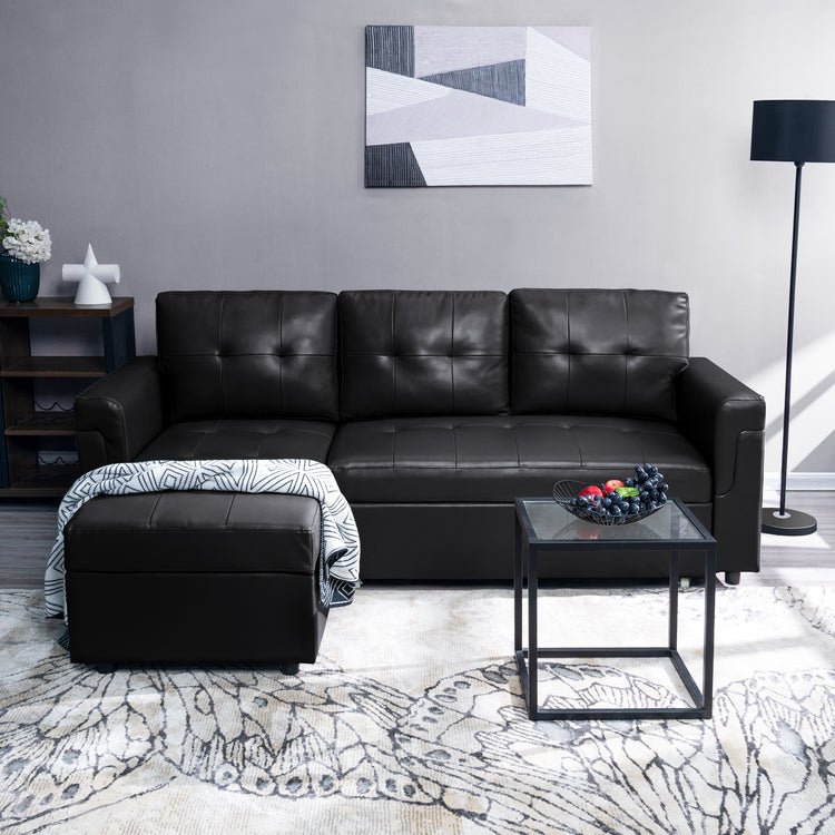 Reversible Sleeper Sectional Sofa with Storage Chaise – Pull - Out Bed for Apartments - with Black Leather | Sold by Uncle Wiener's Wholesale